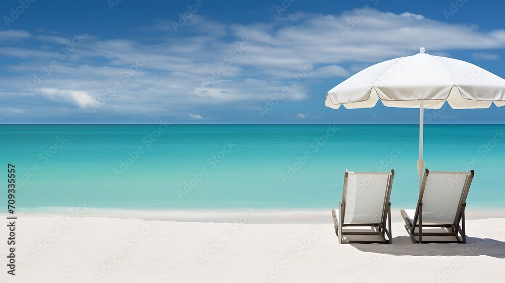 Generative AI : Tropical vacation consept. - perfect white sandy beach with umbrella
