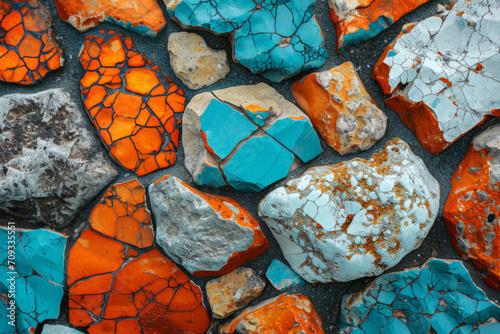 Colorful tile background with multiple rocks, in the style of orange and aquamarine. Abstraction-création, neo-mosaic, craftcore, melting photo