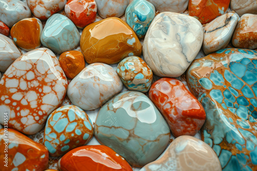 Colorful tile background with multiple rocks, in the style of orange and aquamarine. Abstraction-création, neo-mosaic, craftcore, melting photo