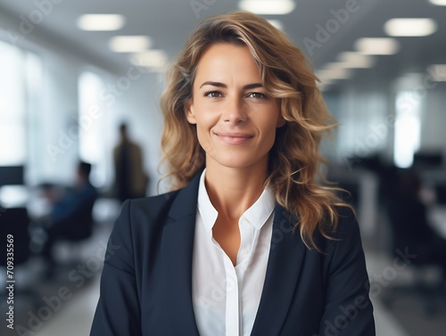 Generative AI : Slight smiling business woman 40+ years old in office with a team