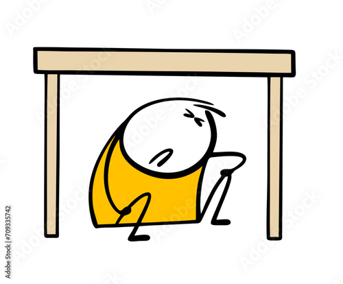Frightened child sitting under table, hiding from fictional monster or violence. Vector illustration of stickman scared, squeezed eyes shut and suffers alone. Need the help of psychologist.