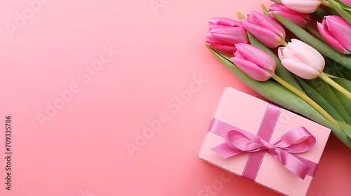 Generative AI : Bouquet of pink tulips on a pink background. © The Little Hut