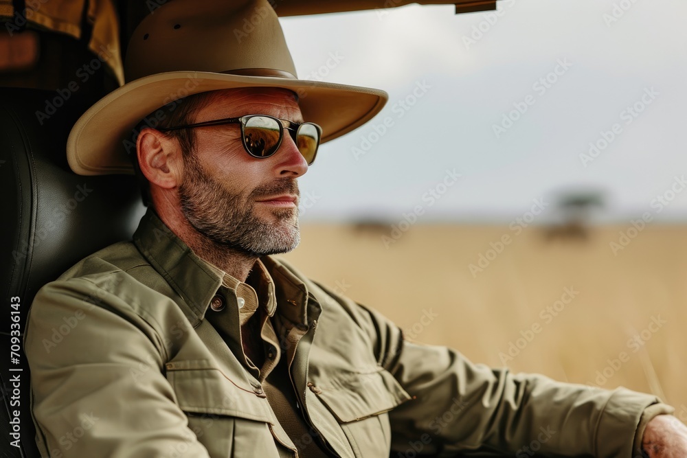 European businessman in a safari guide outfit, with wildlife and a natural savannah background