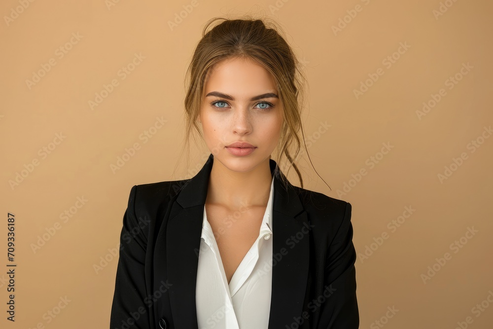 European businesswoman in a black blazer, looking at the camera with determination, isolated on a beige background European businesswoman in a black blazer, looking at the camera with determination, isolated on a beige background