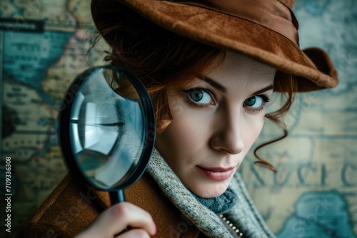 European businesswoman in a detective outfit, with magnifying glass and mystery-themed background