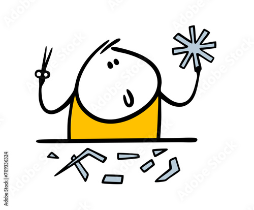 Happy child makes a craft for the new year. Vector illustration o boy holding a paper snowflake and holding scissors. Decoration for a holiday with your own hands. Isolated on white background.