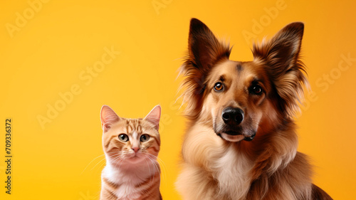 Cat and dog together on yellow background. Concept of friendly family. Cover design for a grooming salon, pet store, postcard.