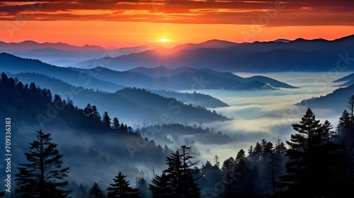 Generative AI : Great Smoky Mountains National Park Scenic Sunset Landscape vacation getaway destination photo