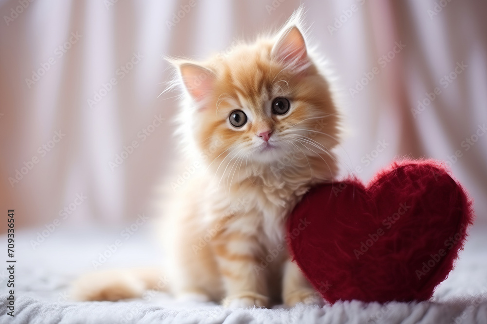 Small red striped kitten with red heart. Love pets, adoption, donation, Valentines Day card