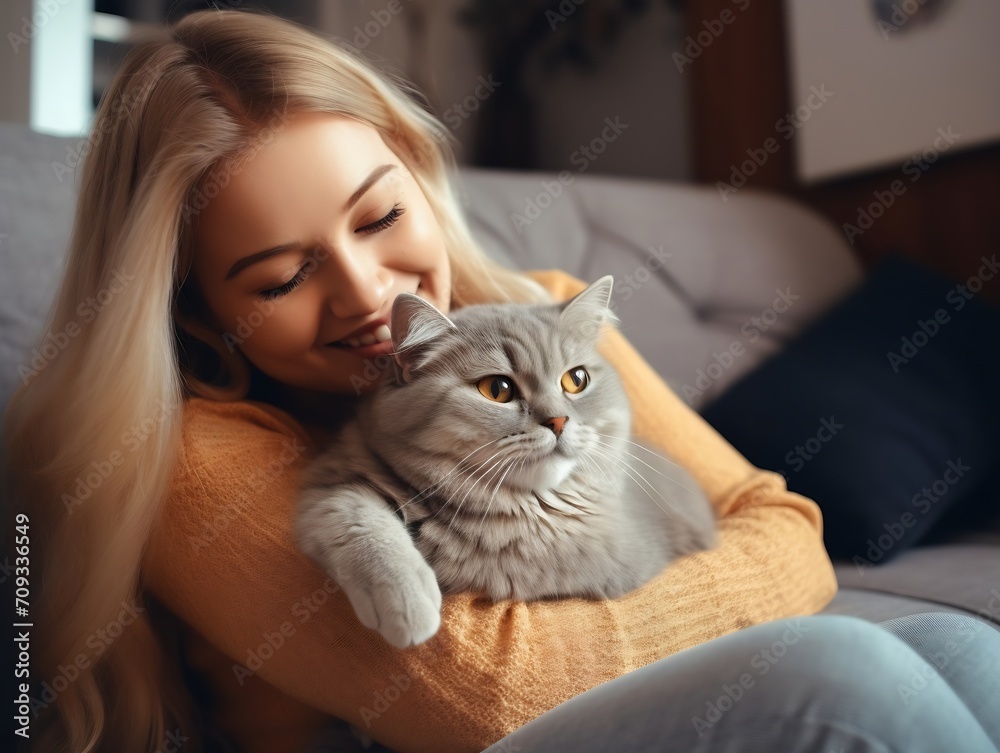 Generative AI : Young woman caressing adorable British shorthair golden cat on sofa Generative AI : Young woman caressing adorable British shorthair golden cat on sofa