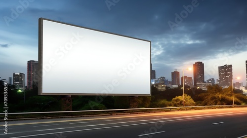 Generative AI : Blank billboard on the highway during the twilight with city background