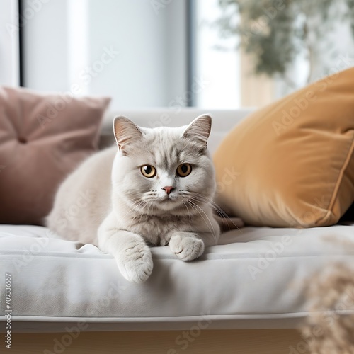 Generative AI : British Shorthair cat on A luxurious sofa