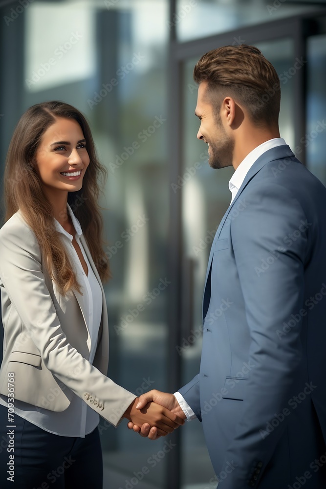 Generative AI : businesswoman shaking hands with a male client Generative AI : businesswoman shaking hands with a male client