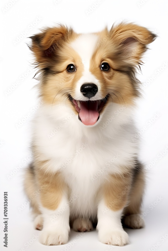 Generative AI : Shetland sheepdog puppy. Portrait on white background