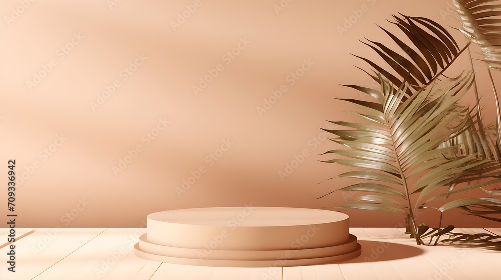 Generative AI : 3D realistic wooden podium platform stand decoration with brown palm leaves backdrop minimal wall scene on beige background. Display for spa and beauty, cosmetic product presentation s Generative AI : 3D realistic wooden podium platform stand decoration with brown palm leaves backdrop minimal wall scene on beige background. Display for spa and beauty, cosmetic product presentation s