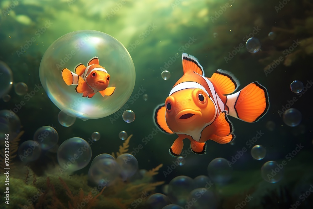 Generative AI : A pair of adorable orange clownfish or clown anemonefish - obrazy, fototapety, plakaty 