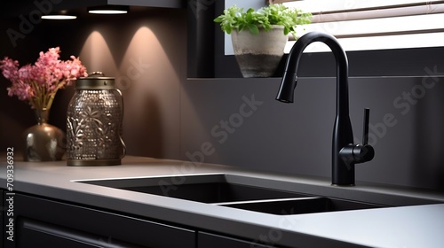 Generative AI : Close up on stylish decorated kitchen countertop with black sink