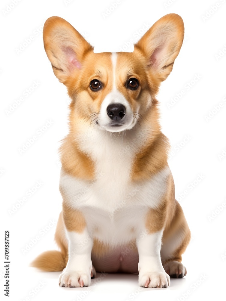 Generative AI : Pembroke Welsh Corgi puppy sitting and looking forward against a white background