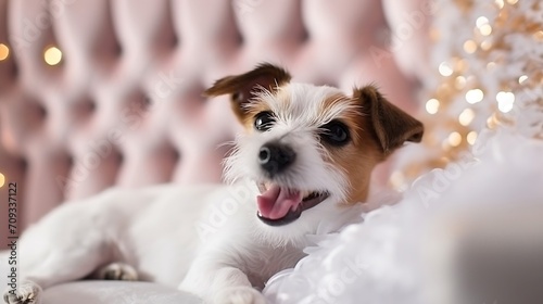 Generative AI : The Jack Russell Terrier dog sitting on a white luxurious sofa