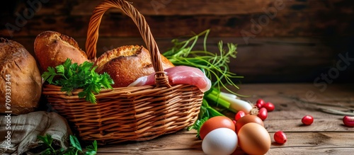 Artistic edit of Catholic Eastern European custom: Blessing church Easter basket with eggs, ham, bread, and spring onion.