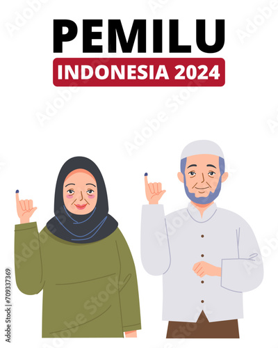 Elderly muslim Indonesian is showing their hands which have been dipped in election ink