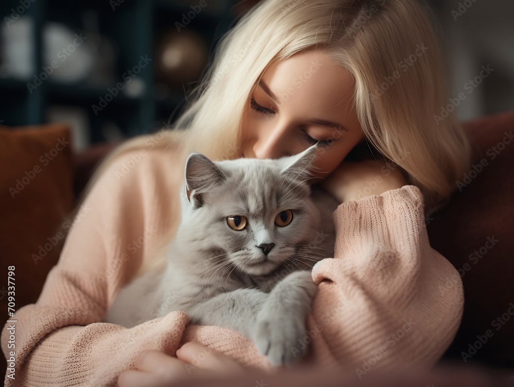 Generative AI : Young woman caressing adorable British shorthair golden cat on sofa