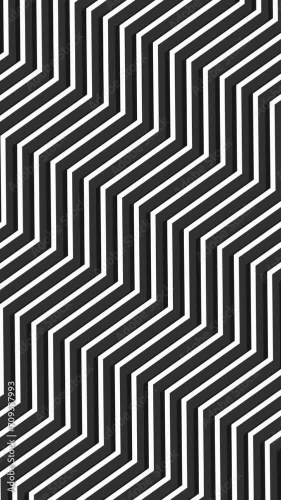 Black and white zig-zag lines pattern moving diagonally, seamless looped animated motion graphics background.