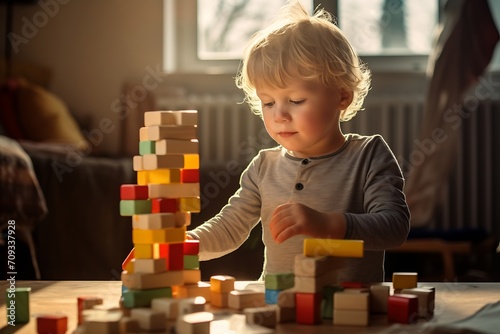 Generative AI : young kid playing with blocks at home.