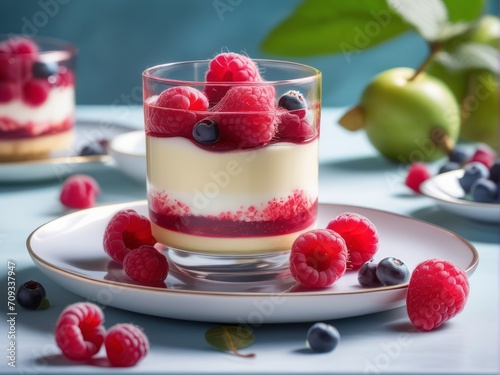 raspberry cheese cake dessert in glass, trifle with fresh berries photo