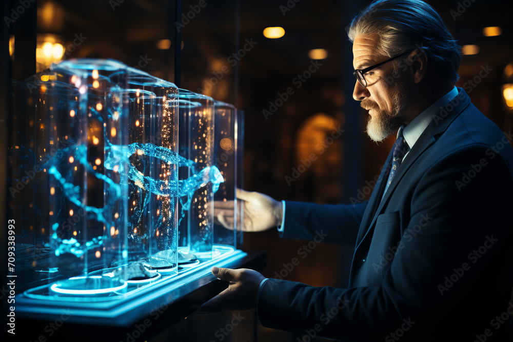 elderly man demonstrates a holographic presentation of modern biotechnology elderly man demonstrates a holographic presentation of modern biotechnology