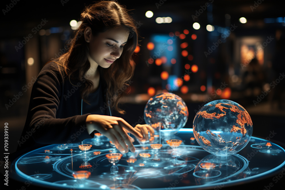 woman demonstrates a holographic sphere presentation of modern biotechnology