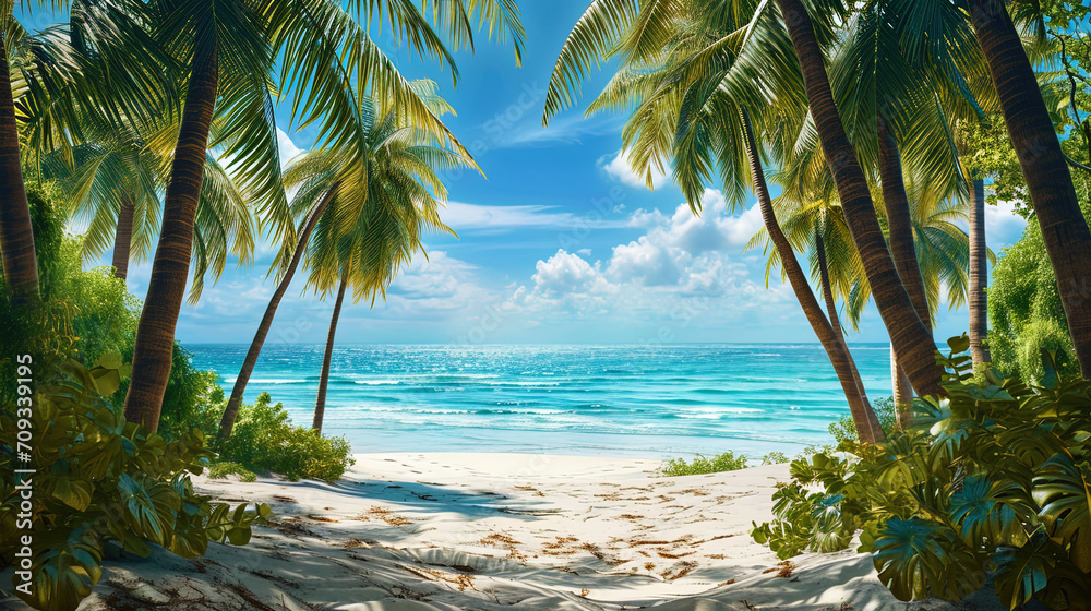 A line of palm trees framing white sand, against the background of a sparkling ocean, creates a pi - obrazy, fototapety, plakaty 