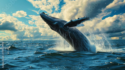 A photograph of a magnificent whale jumping out of the depths of the ocean creates the impression