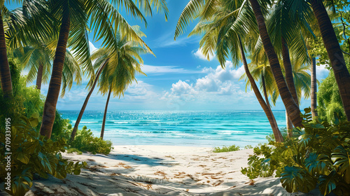 A line of palm trees framing white sand, against the background of a sparkling ocean, creates a pi