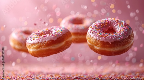 Various decorated donuts in motion falling on pink background.