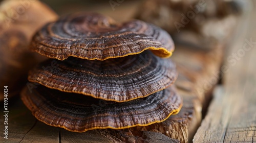Immune Wellness, Close-Up of Dried Reishi Mushroom on a Wooden Table, Focus on Its Medicinal Properties. photo