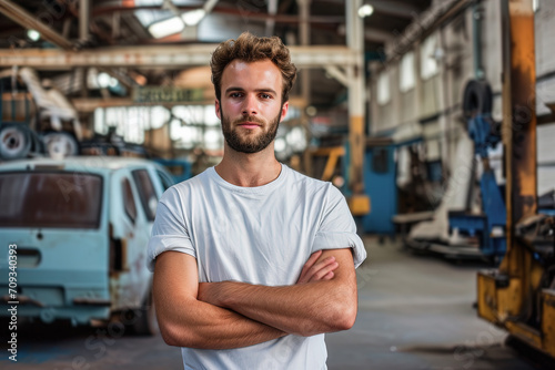 hombre joven posando en camiseta y con los brazos cruzados sobre fondo desenfocado de taller mecánico de coches photo