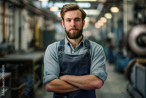 hombre joven con barba, posando con peto y camisa de trabajo  con brazos cruzados mirando a cámara,  sobre fondo desenfocado de  taller de una empresa photo