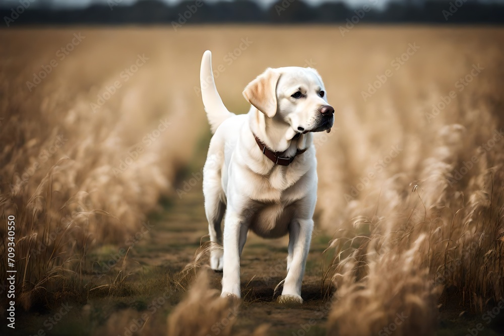 a single white Labrador retriever walk on a field