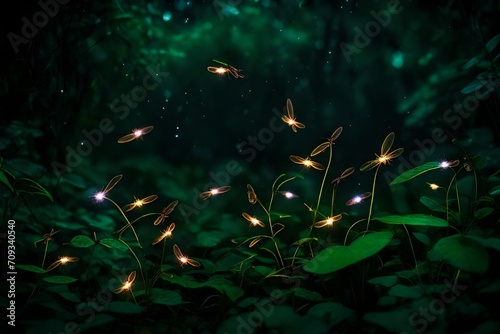 Neon-colored fireflies creating a mesmerizing dance of light amidst dark foliage