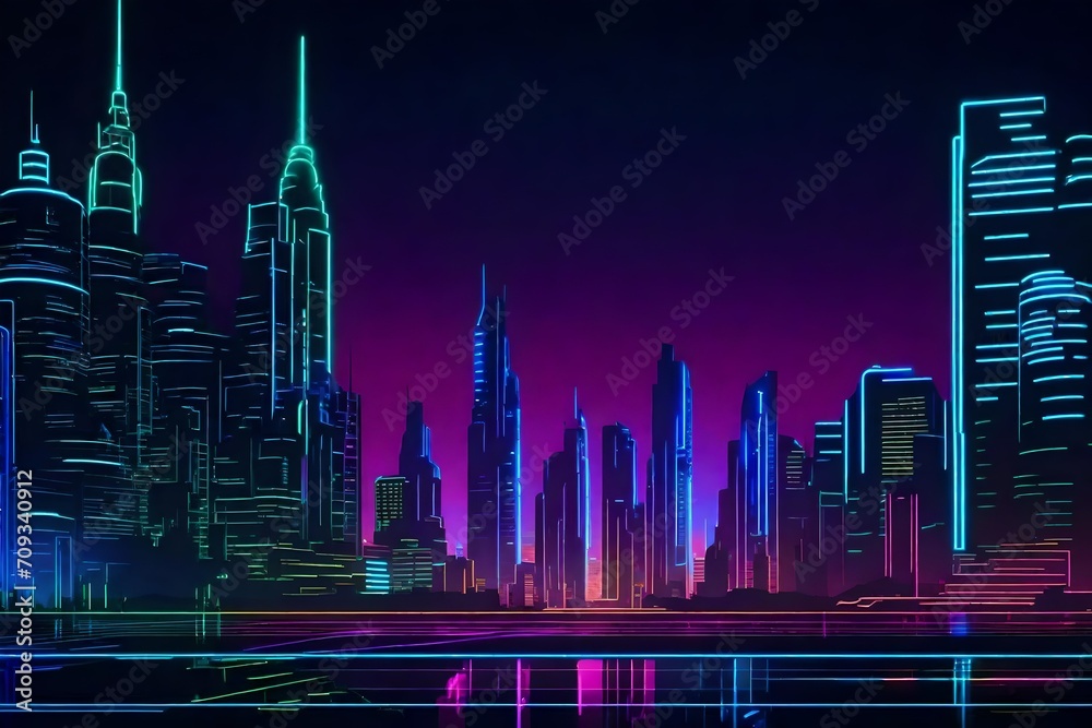 Neon cityscape silhouettes against a black backdrop