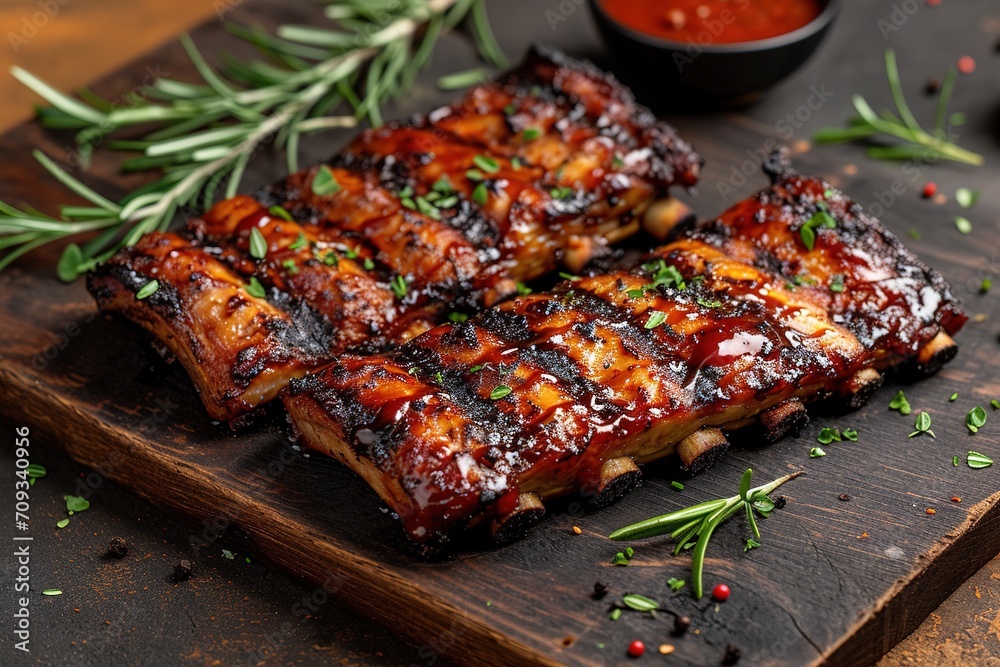 Closeup of pork ribs grilled with BBQ sauce and caramelized in honey. Tasty snack to beer