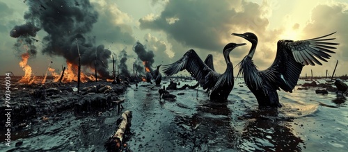Birds becoming extinct due to an oil spill causing ecological disaster.