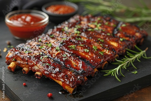 Closeup of pork ribs grilled with BBQ sauce and caramelized in honey. Tasty snack to beer