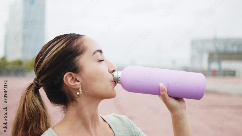 Exhausted sportswoman resting while drinking water from a bottle after exercise. Close-up of a relaxed female athlete resting, drinking water and hydrating after a training session. 