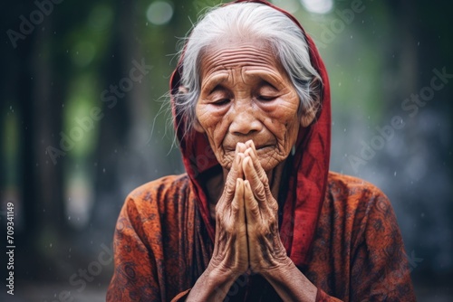 Mindful psychology for elderly Asian woman's prayer.