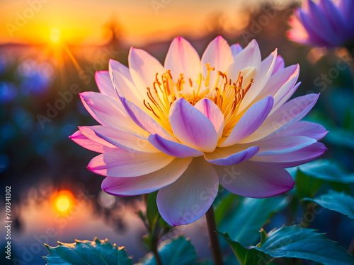 landscape sunset pink lotus flower generative AI