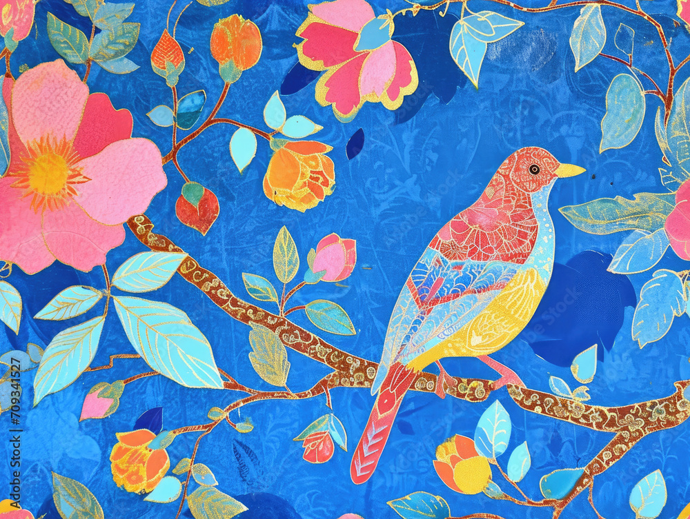 Beautiful Classic Victorian style Poetic and Hand Painted Retro Fine Art canvas for wallpaper and background with Colorful Peacocks, birds, Flowers and plants, Nature-inspired and floral botanical