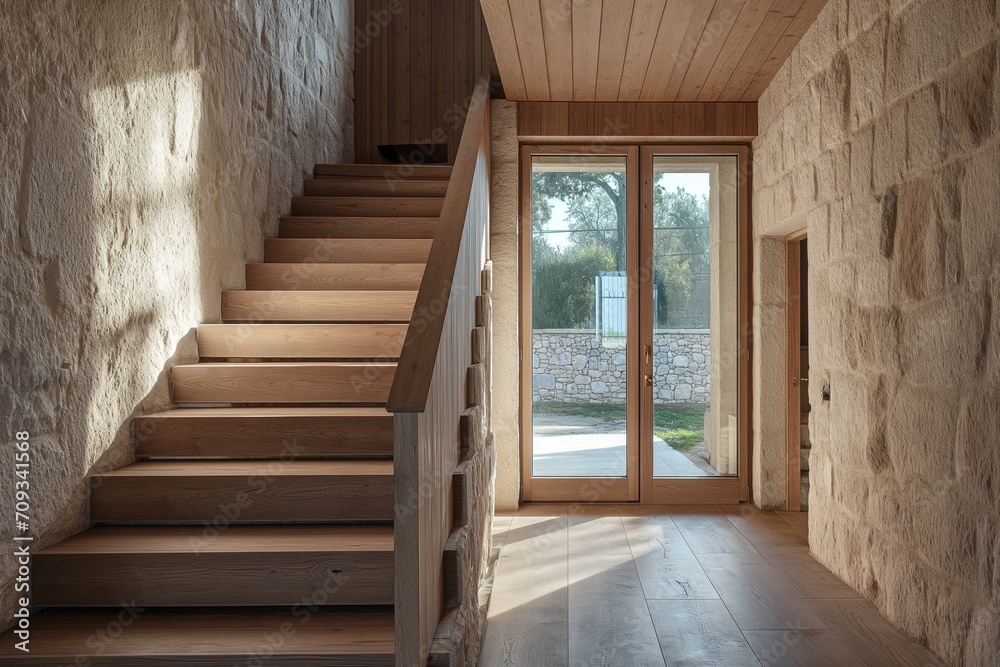Fototapeta premium Rustic Elegance: Cozy Hallway with Wooden Staircase and Stone Cladding Wall, Modern Home Interior Entrance