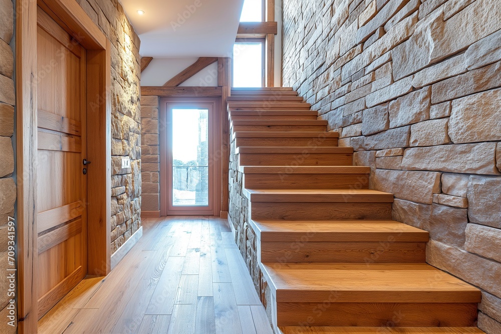 Rustic Elegance: Cozy Hallway with Wooden Staircase and Stone Cladding Wall, Modern Home Interior Entrance